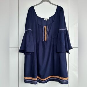 Umgee Boho Mini Dress Embroidered Flutter Sleeves Size Large Navy Blue